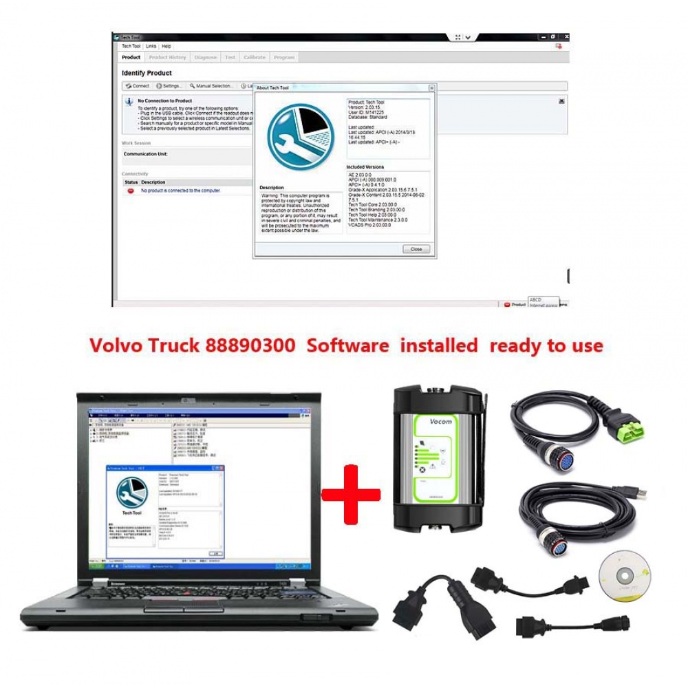For Volvo Vocom 88890300 Interface with Latest Software (Real for Volvo Vocom) PTT2.8.241 Plus Lenovo T420 Laptop